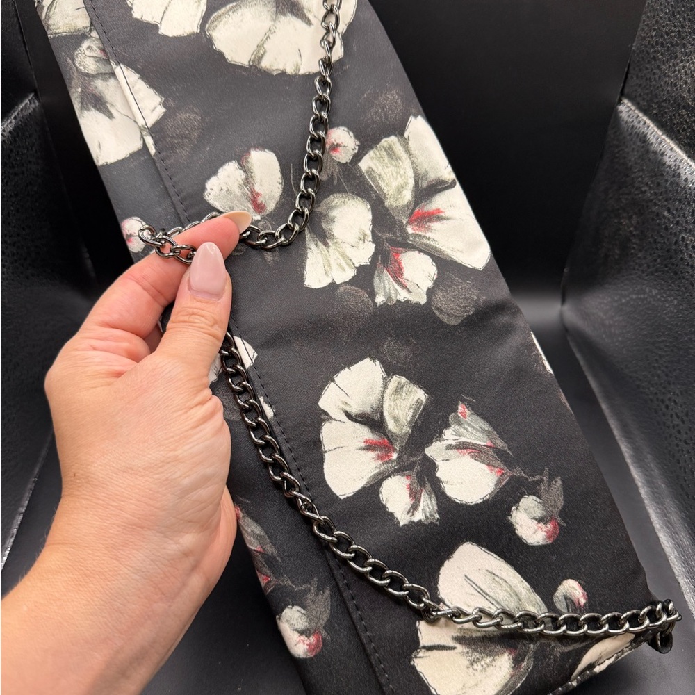 White House Black Market Clutch Purse with Chain Black with Flowers Party
